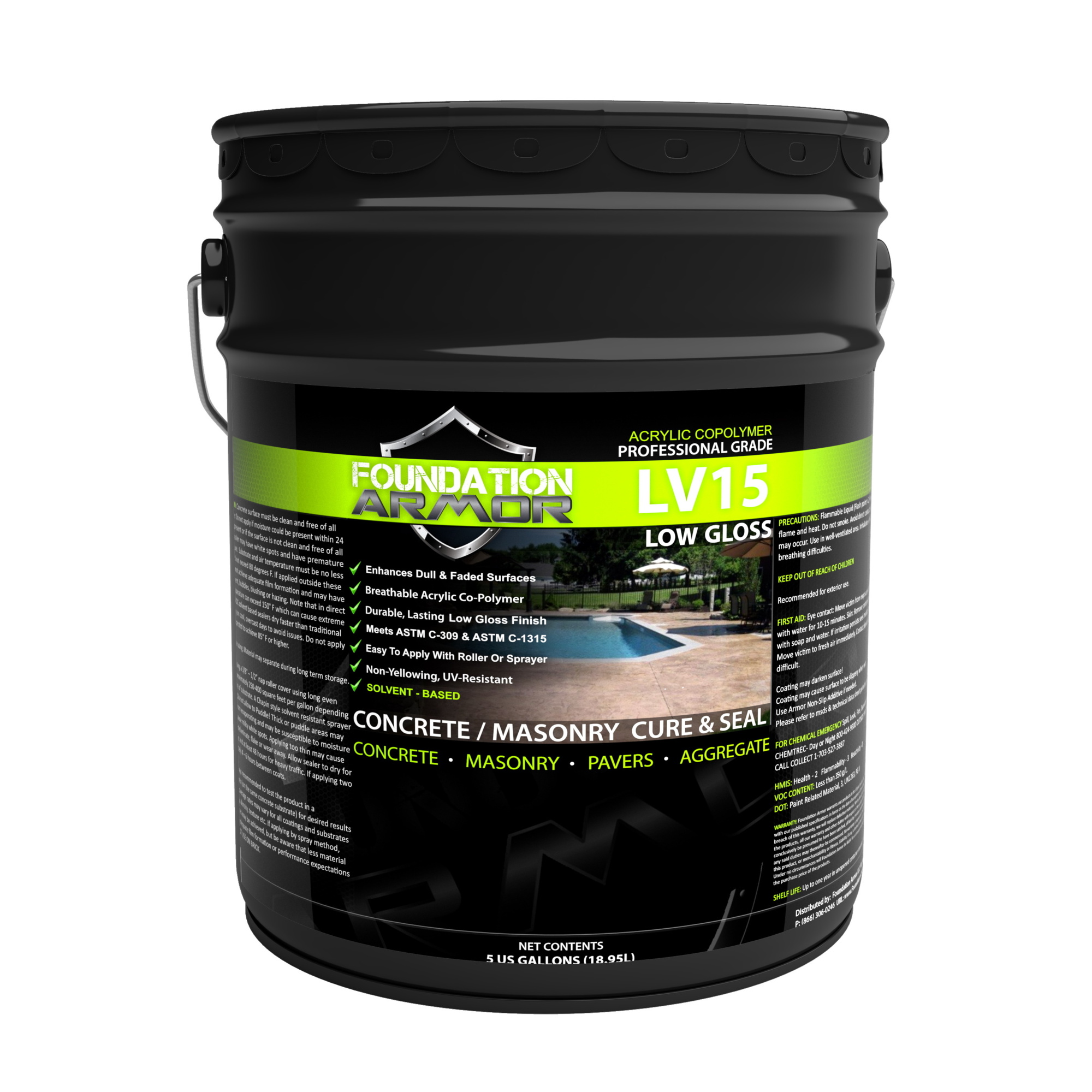 Foundation Armor, Low Gloss Solvent Based Cure and Seal, Container Size 5 Gallon, Color Clear, Application Method Sprayer or Roller, Model# LV155GAL